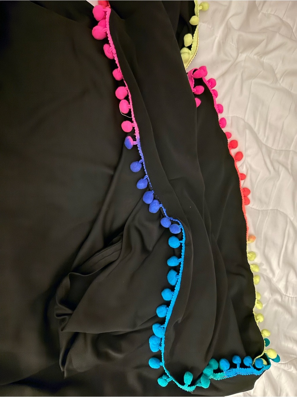 ❣️Black Swim Coverup with Multicolor Pom-Pom Trim
